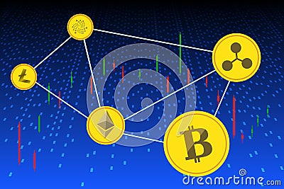 Symbols Bitcoin, Litecoin, Ether, Riple connected by a neural network Stock Photo